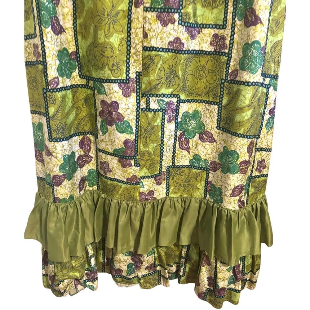 Vintage 70s Hawaiian Floral Patchwork Maxi Dress Green Boho Cotton Ruffle Hem S - Picture 8 of 8